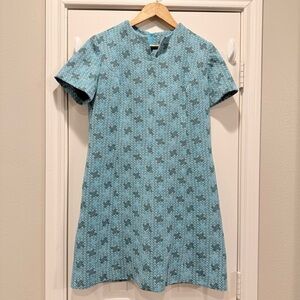 Vintage 60s 70s Checkaberry Mod Shift Dress Women’s Med Teal Blue Short Sleeve